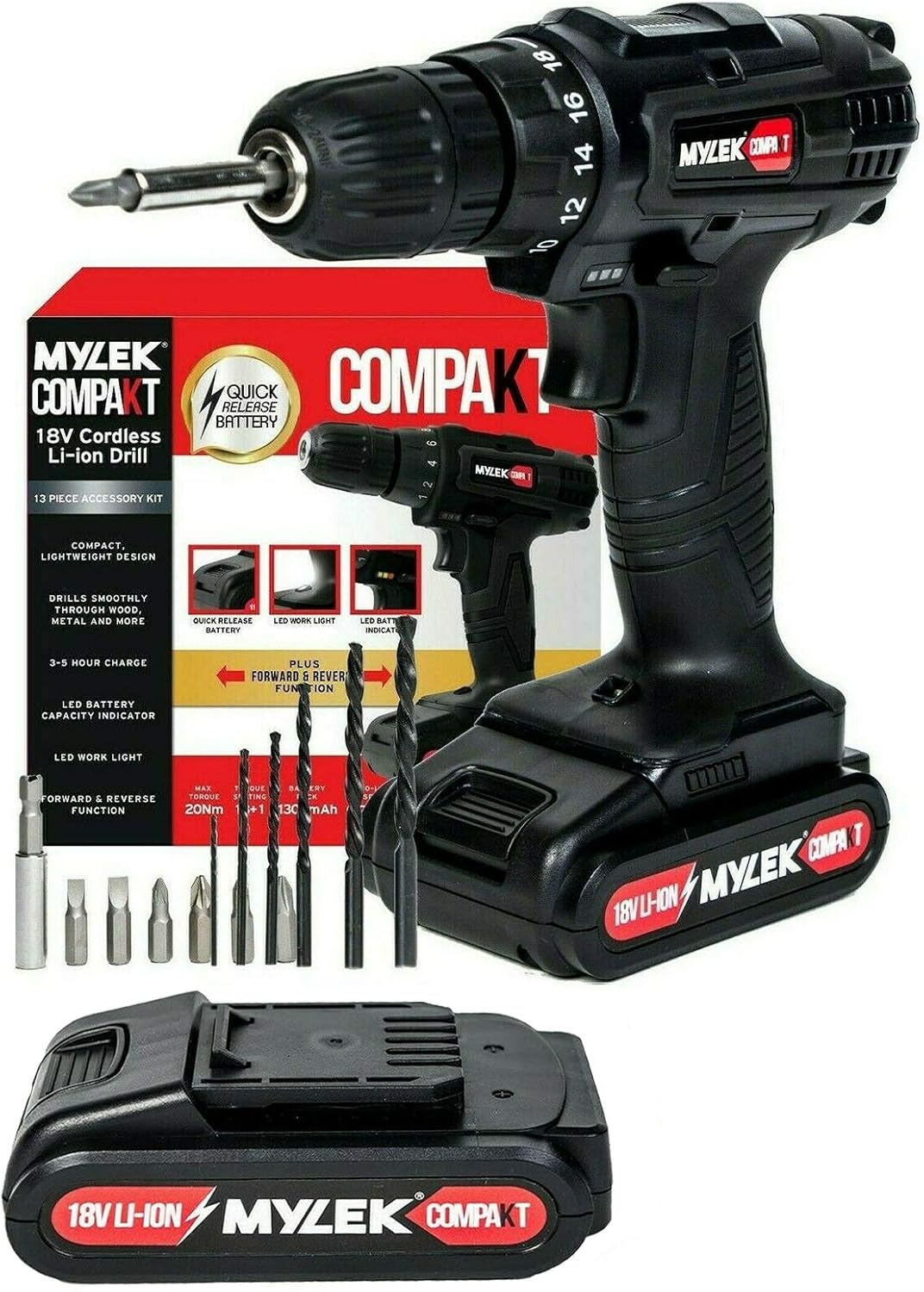 MYLEK 18V Cordless Drill Driver Lithium Ion Electric Drill Set Spare