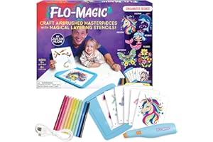 Flo-Magic Enchanted Airbrush Marker Stencil Art Set | Washable Non-Toxic Rechargeable Craft Kit | Unicorn Mermaid Dolphin Flowers Butterfly; for Kids Age 5 6 7 8 9 10