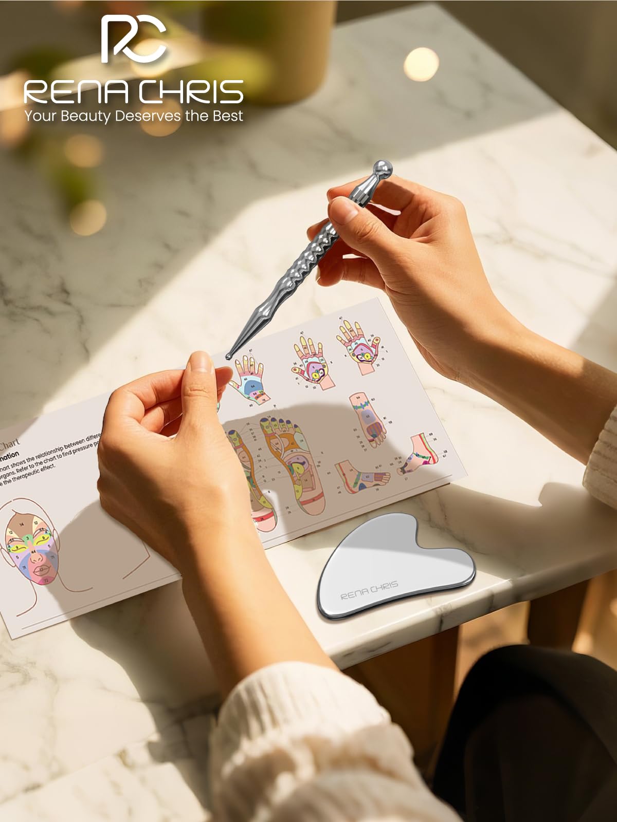 Rena Chris Acupuncture Pen, Manual Reflexology Tools for Muscle Tension and Pain Relief, Acupressure Pen and Stainless Steel Gua Sha Set with Reflexology Chart, Easy to Use