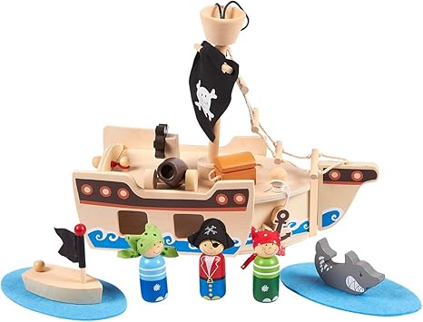 Pirate Playset - 11-Piece Toy Pirate Ship Set, Pirate Play for Kids, Wooden Figurines with Fun, Ocean-Themed Accessories, For Children Aged 3 and Up