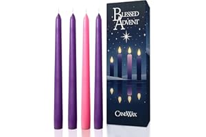 CANDWAX 10 Inch Advent Taper Candles Set of 4 - Long Burning Dripless Unscented Tapers - Perfect for Advent Wreaths, Christmas Décor - 3 Purple Tapers, 1 Pink Tapered Candle