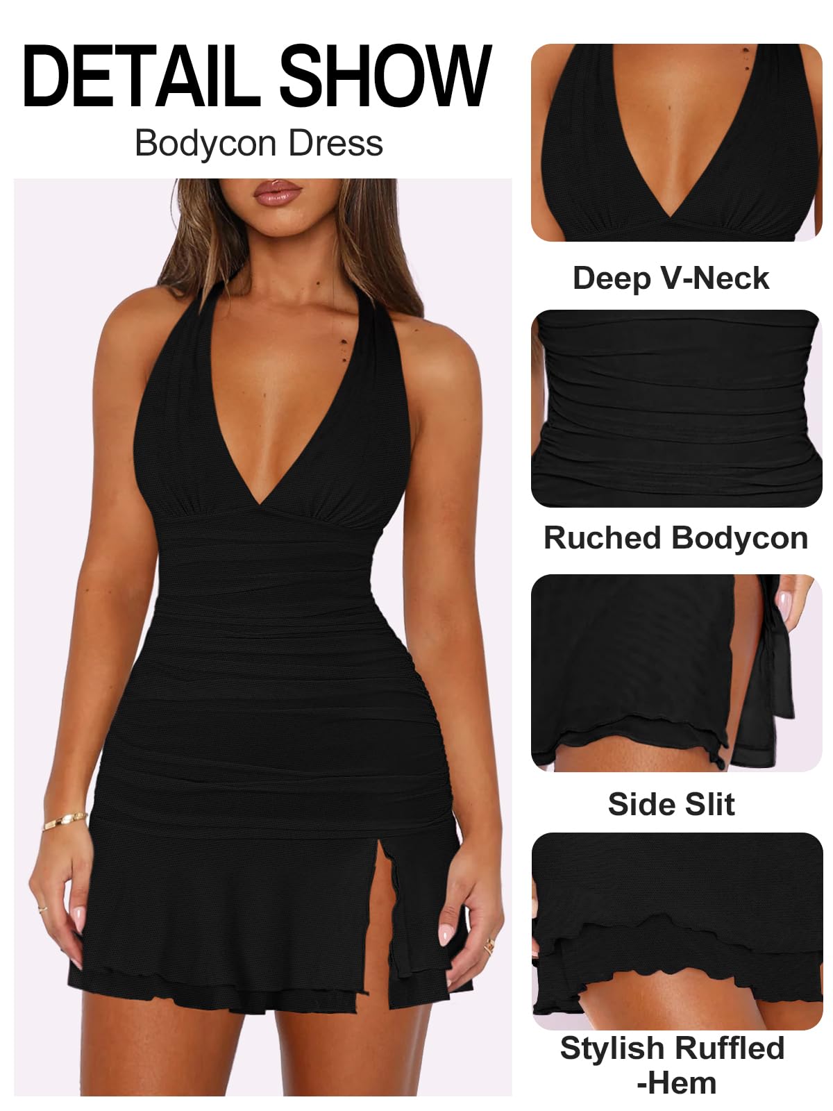 MIYIEONZ Women Sexy Halter Deep V Neck Ruched Bodycon Dress Summer Side Slit Mesh Hem Cocktail Club Party Short Mini Dresses