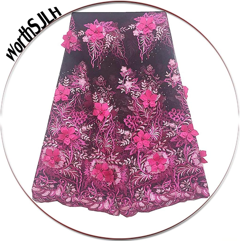 WortSJLH 3D Net African Lace Fabric with Appliques Latest Nigerian Lace 2018 Fushia Pink Peach Tulle Lace Fabric for Party LF403(Fushia Pink)