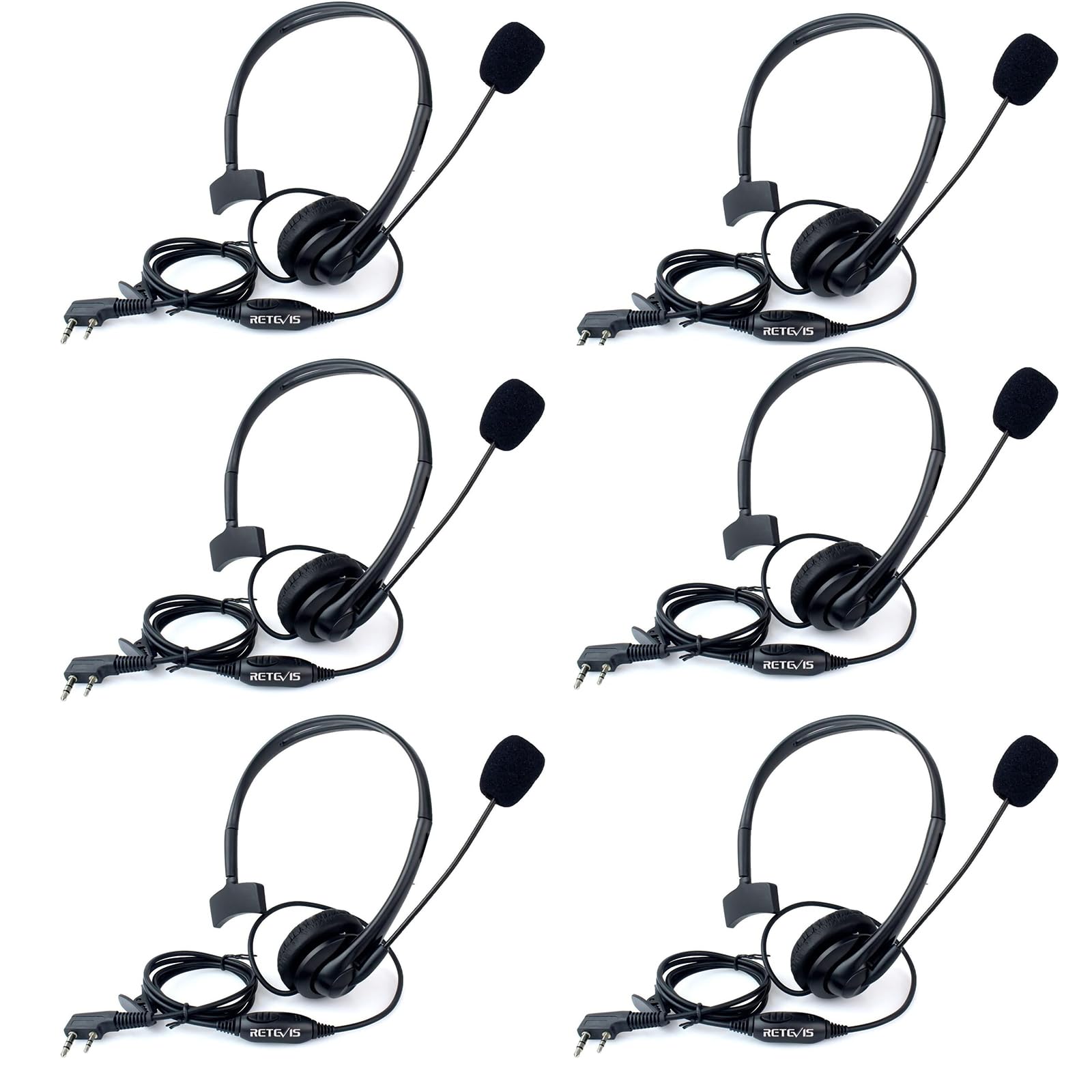 Retevis Walkie Talkie Earpiece with Rotatable Boom Mic Noise Cancelling Overhead Headset Compatible with Walkie Talkie RT24 RT22 RT27 RT5R Baofeng UV-5R BF-888S BF-88E (6 Pcs)