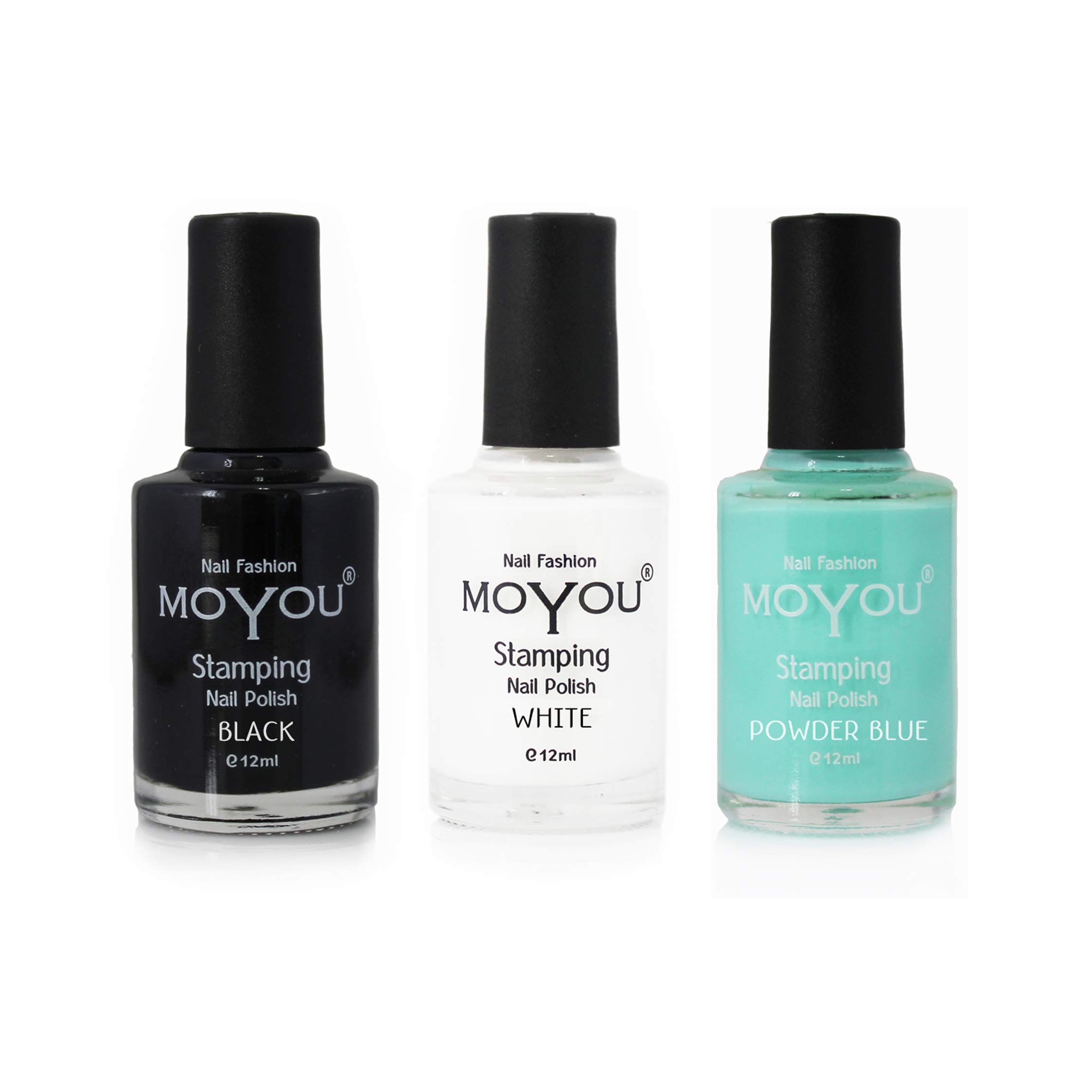 MoYou Nails Bundle of 3 Stamping Nail Polish: Black, White and Powder Blue Colours Used to Create Beautiful Nail Art Designs