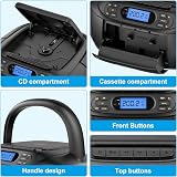 Hernido 6-in-1 Portable Boombox CD Cassette Player USB AUX FM Radio view 5