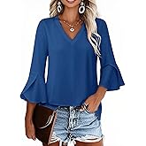 VICHYIE 3/4 Sleeve Tops for Women Summer V Neck Ruffle Sleeve Shirt Loose Dressy Casual Blouses Fashion