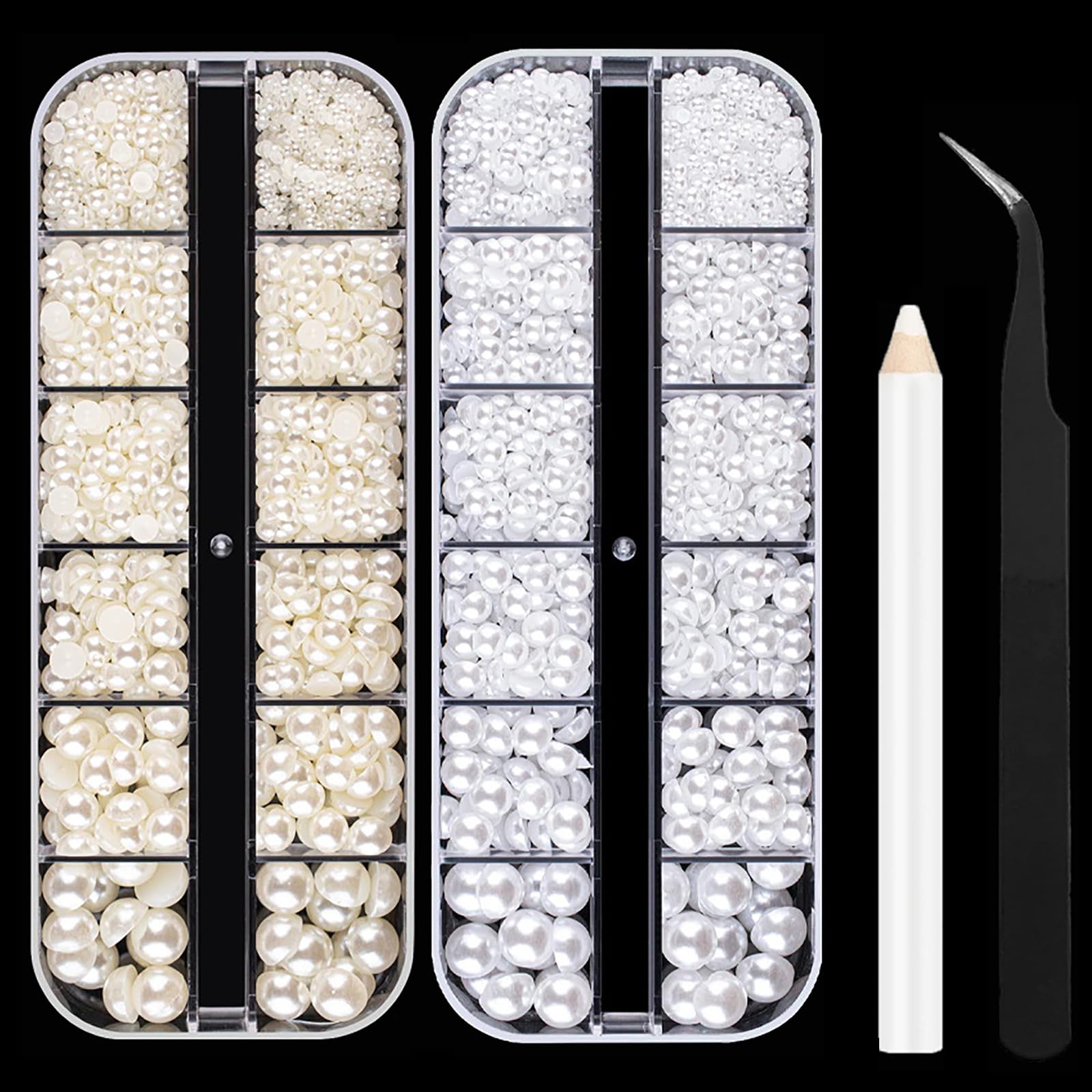 Nail Charms Pearls,About 4000PCS Pearl Nail Charms with Pickup Pencil and Tweezer,2/3/4/5/6/8mm Flat Back Pearl Beads for Nail Art Design DIY Crafting Embellishment — image 1