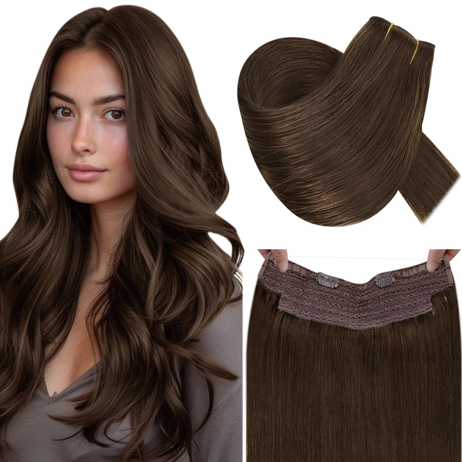 RUNATURE 20 Inch Brown Invisible Wire Hair Extensions Real Human Hair Brown Secret Fish Line Hair Extensions Straight Remy Human Hair 100g #4 — image 1