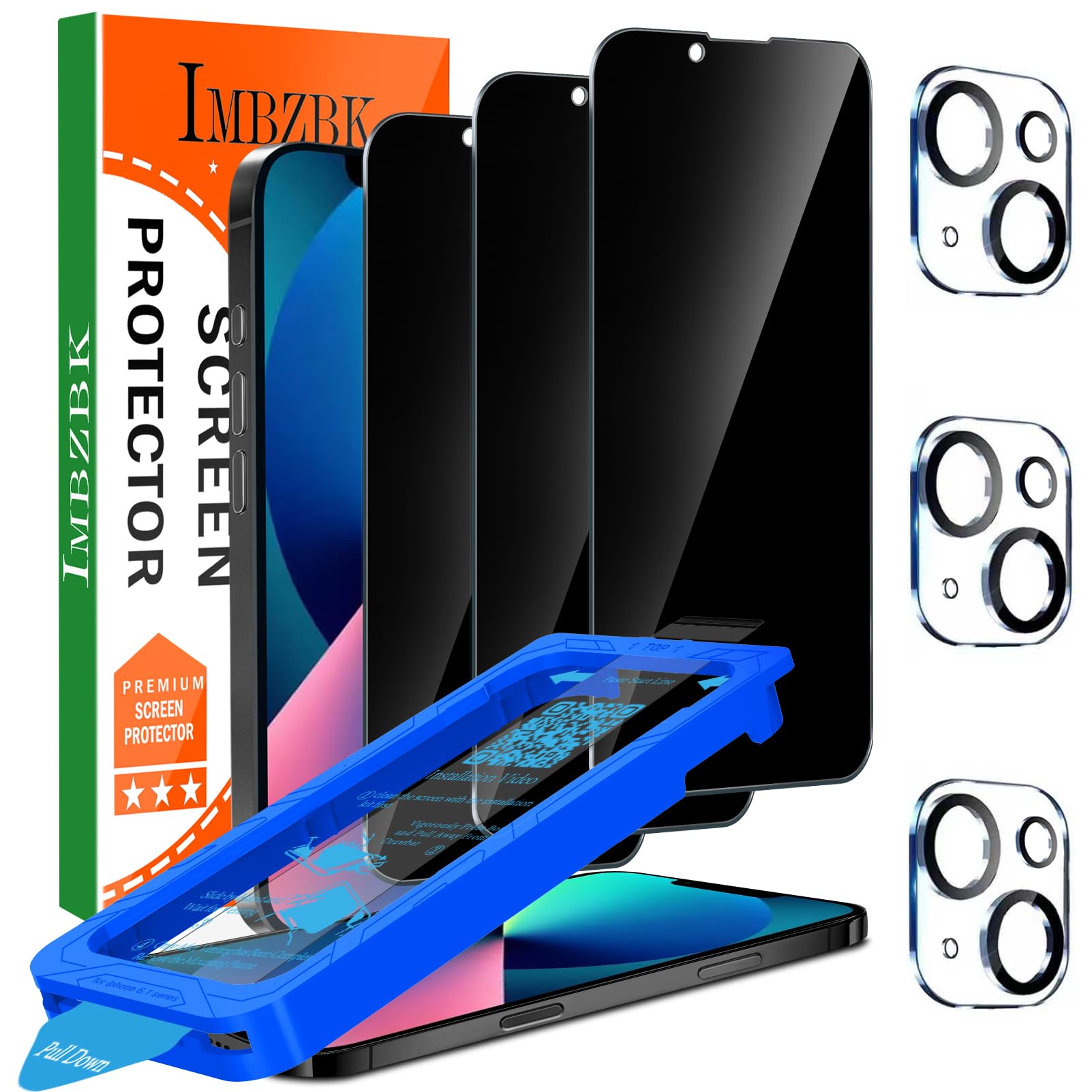 IMBZBK [Auto-Dust Removal] 3 Pack Privacy Screen Protector for iPhone 13 Anti Spy Private Accessories, Case Friendly Film, Military Grade Tempered Glass 3 Camera Lens Protector