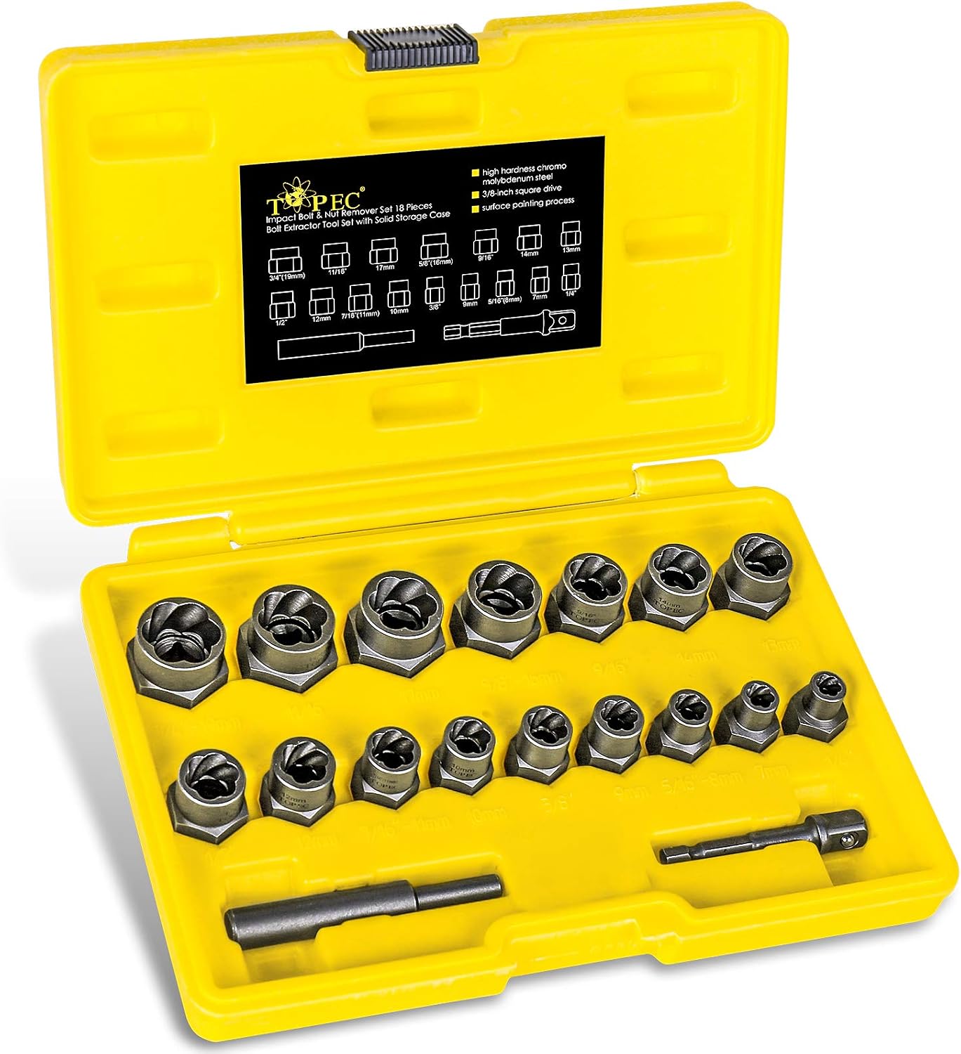 TOPEC 18-Piece Bolt Extractor Set, Rounded Bolt Remover Tool, Impact Bolt & Nut Extractor Set, 3/8" Drive Bolt Extractor Kit