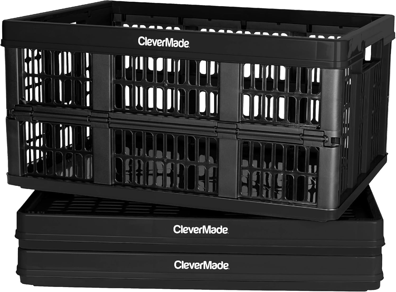 clevermade collapsible utility crates, obsidian, 3 pack, 45l/11 gal, 66 lbs capacity, stackable cont