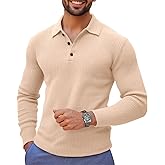 Runcati Mens Long Sleeve Polo Sweater Knit Polos V Neck Casual Dress Button Collared Pullover Sweaters
