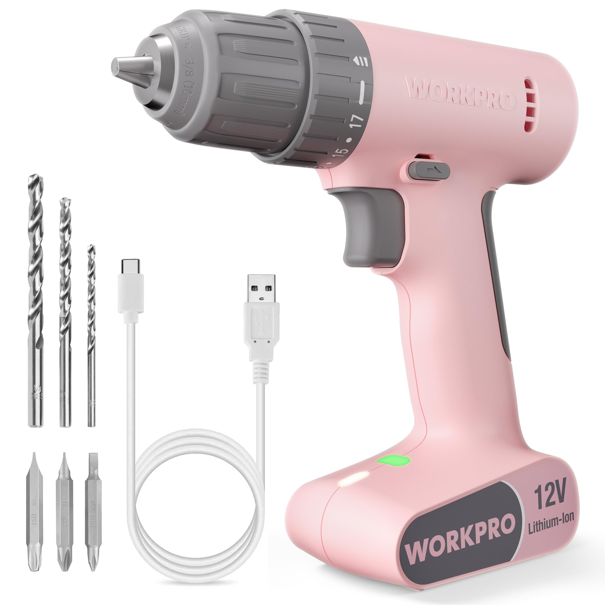 Photo 1 of WORKPRO Pink Cordless Drill Driver Set, 12V Electric Power Drill Tool Kit with 6 Pcs Bits, 3/8-Inch Keyless Chuck, Variable Speed, 18 Touque Setting, Type-C Charge Cable, Led Light, Pink Ribbon