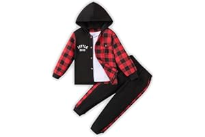 Sislerew Toddler Boy Clothes Plaid Hooded Shirt White T-shirt Top and Solid Color Pants 3Pcs Winter Boys Clothes