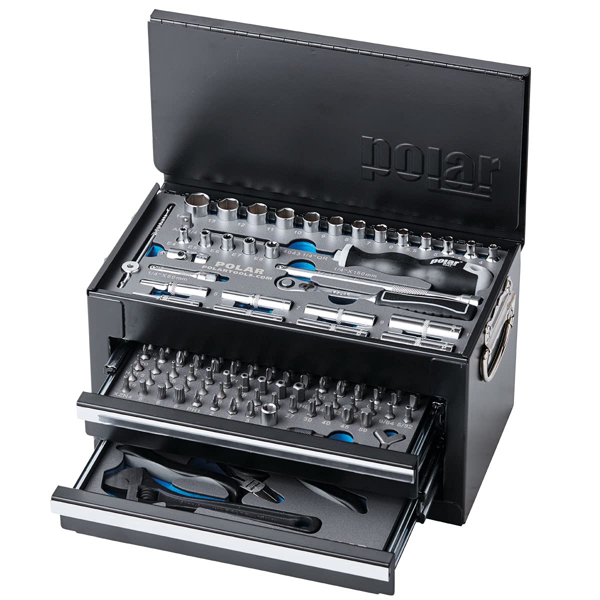 Polar® Premium Tool-Box with 141 Tools I Tool-Set in Metal Box with Magnetic bitholder Screwdriver, sockets, Ratchet, Adjustable Wrench, Pliers, bits & More I Suitable for Mechanics & homeworkers