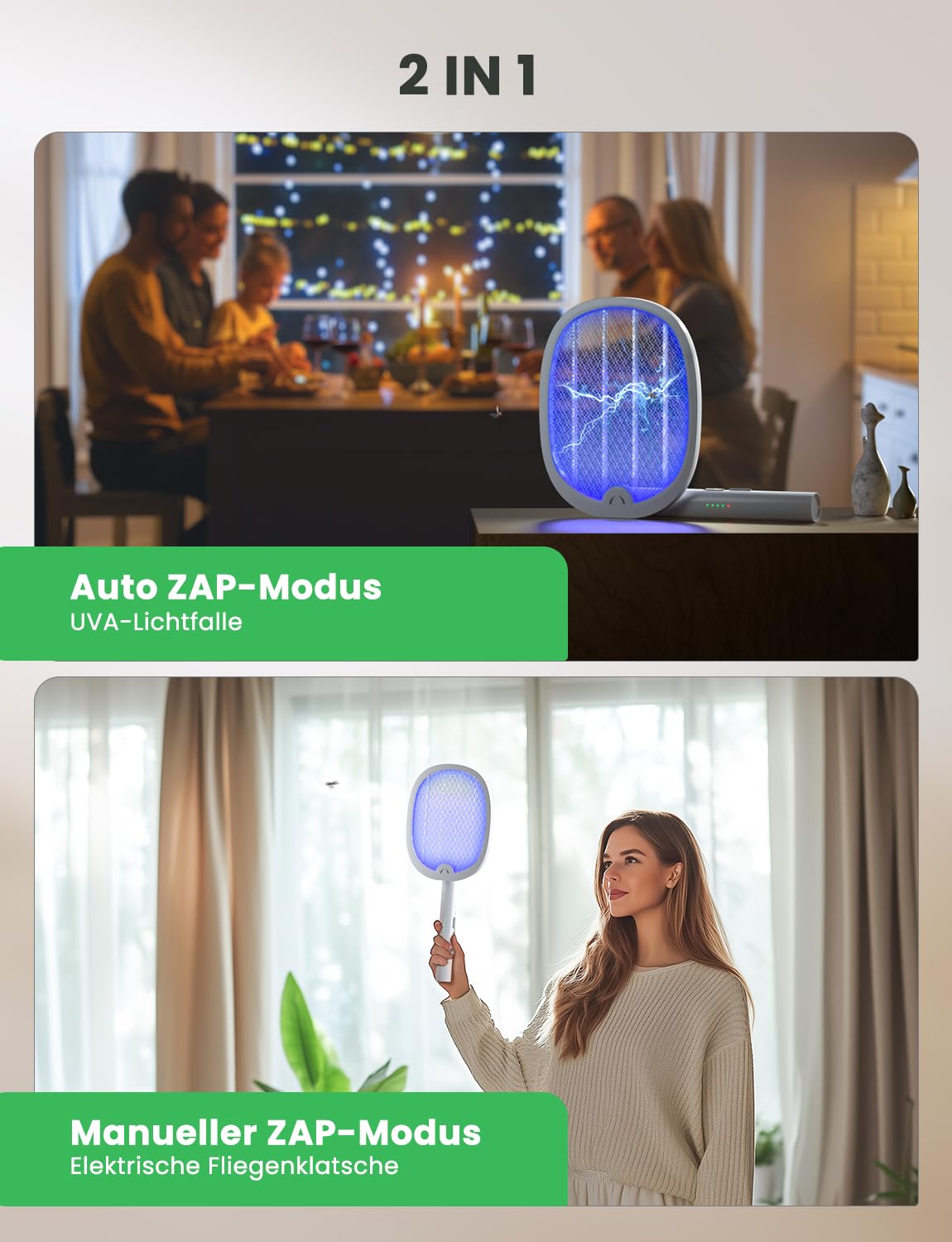 YISSVIC Elektrische Fliegenklatsche Extra Stark klappbar 2in1 Weiß 2 STK 4