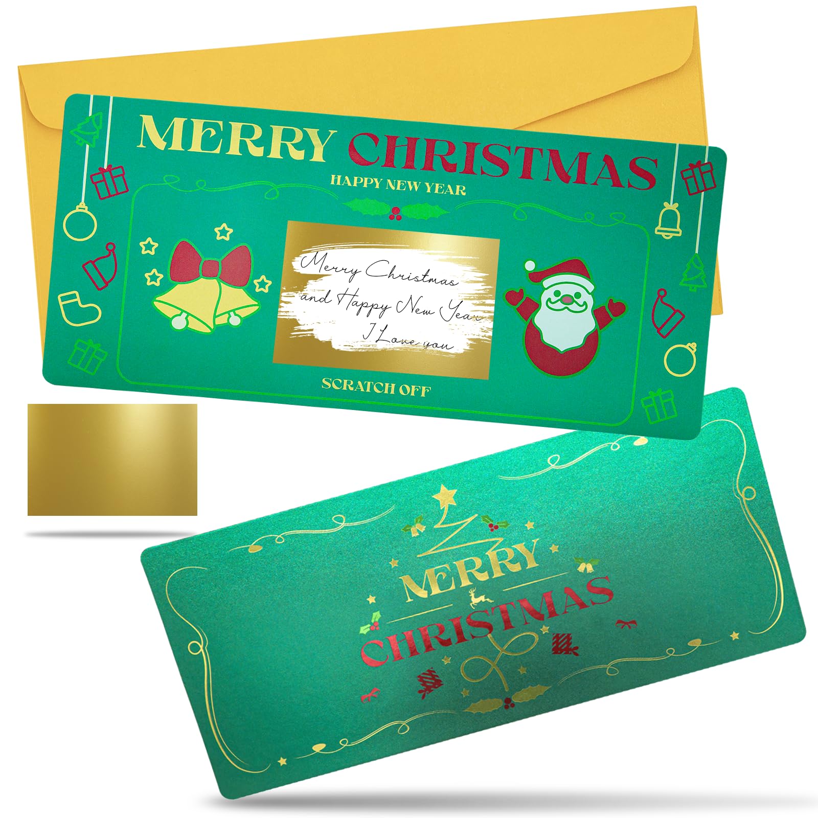 1 Set Christmas Card with Envelope,Christmas Scratch Card Surprise Gift Reveal, 20cmx9cm Happy New Years Card, Green Santa Claus for Writing Your Own Special for Girlfriend,Wive,Family,Friend,Kid