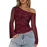 Aupuls Sparkly Tops for Women Bell Sleeve Off Shoulder Top Sequin Concert Outfits