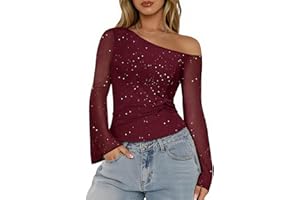 AUPULS Auplus Sparkly Tops for Women Bell Sleeve Off Shoulder Top Sequin Concert Outfits