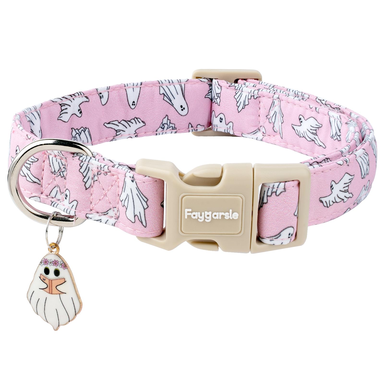Photo 1 of Faygarsle Pink Ghost Pattern Dog Collar with Charm, Halloween Pet Necklace, Adjustable Collar for Small Medium Large Dogs M