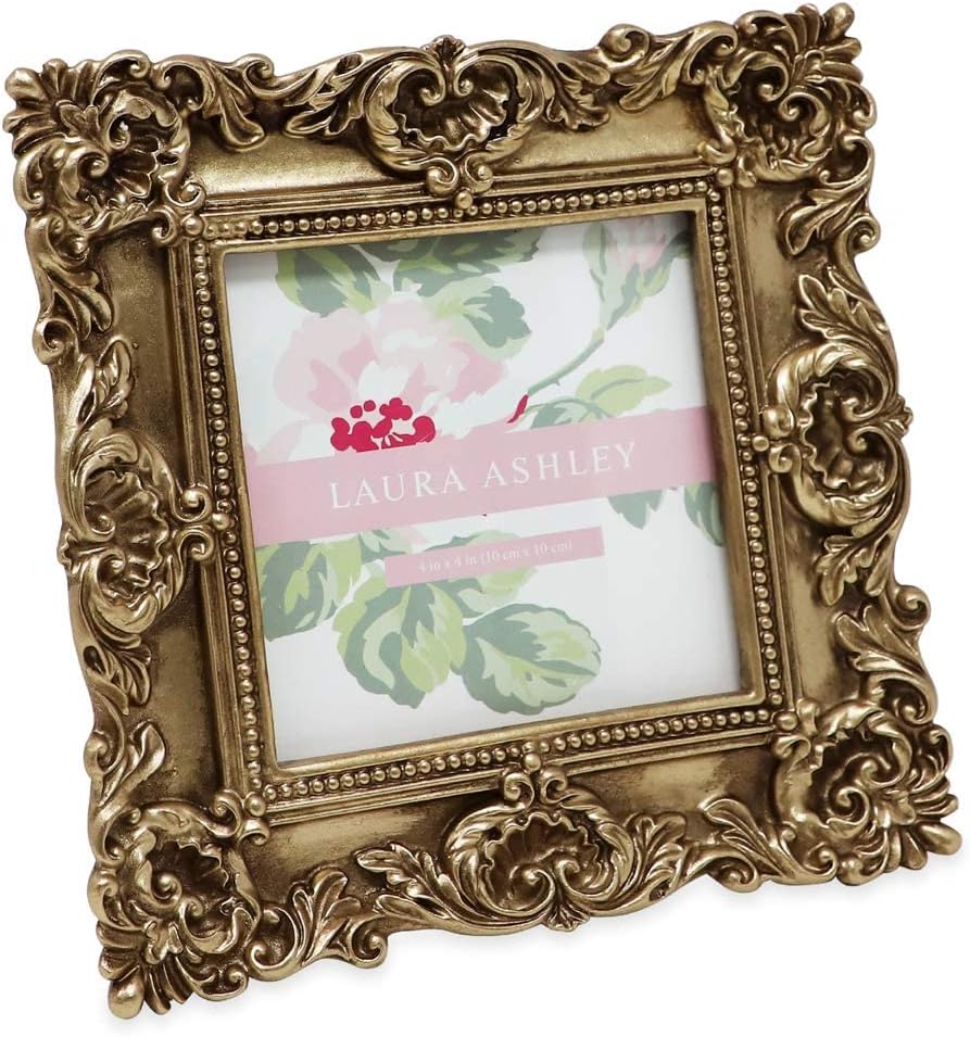 Photo Albums, Frames & Accessories - Laura Ashley 4x4 Gold Ornate Textured Hand-Crafted Resin Picture Frame with Easel & Hook for Tabletop & Wall Display, Decorative Floral Design Home Decor, Photo Gallery, Art, More (4x4, Gold)