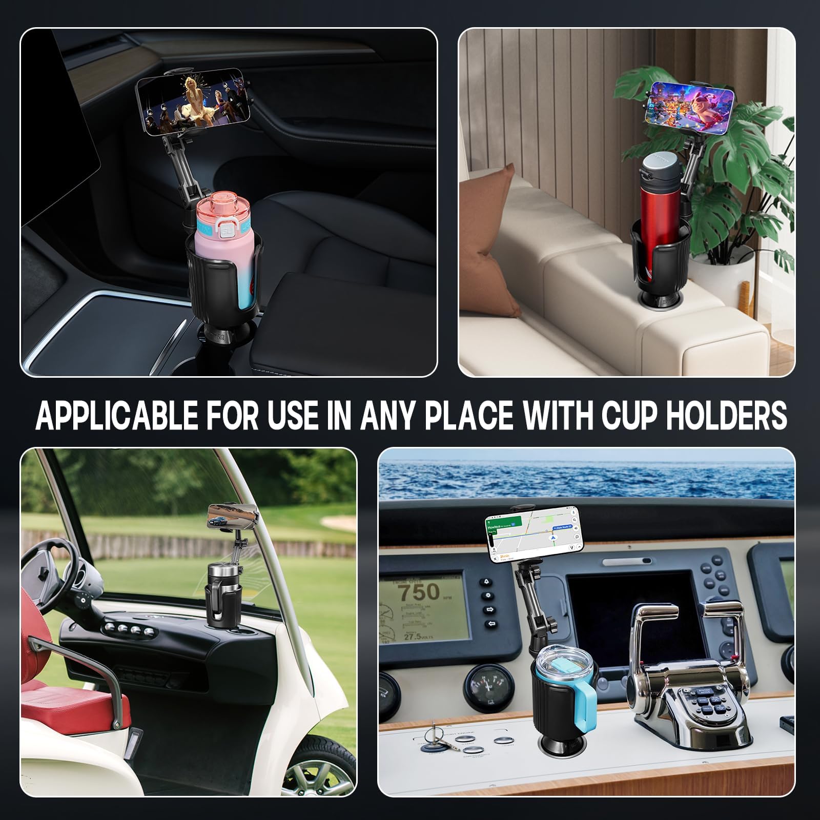 This Hill Upgraded Cup Holder Phone Mount, 2 in 1 Universal Adjustable Long Neck, Compatible with iPhone 14 Pro Max/SE/8/7/6, Samsung & All Smartphones, Black