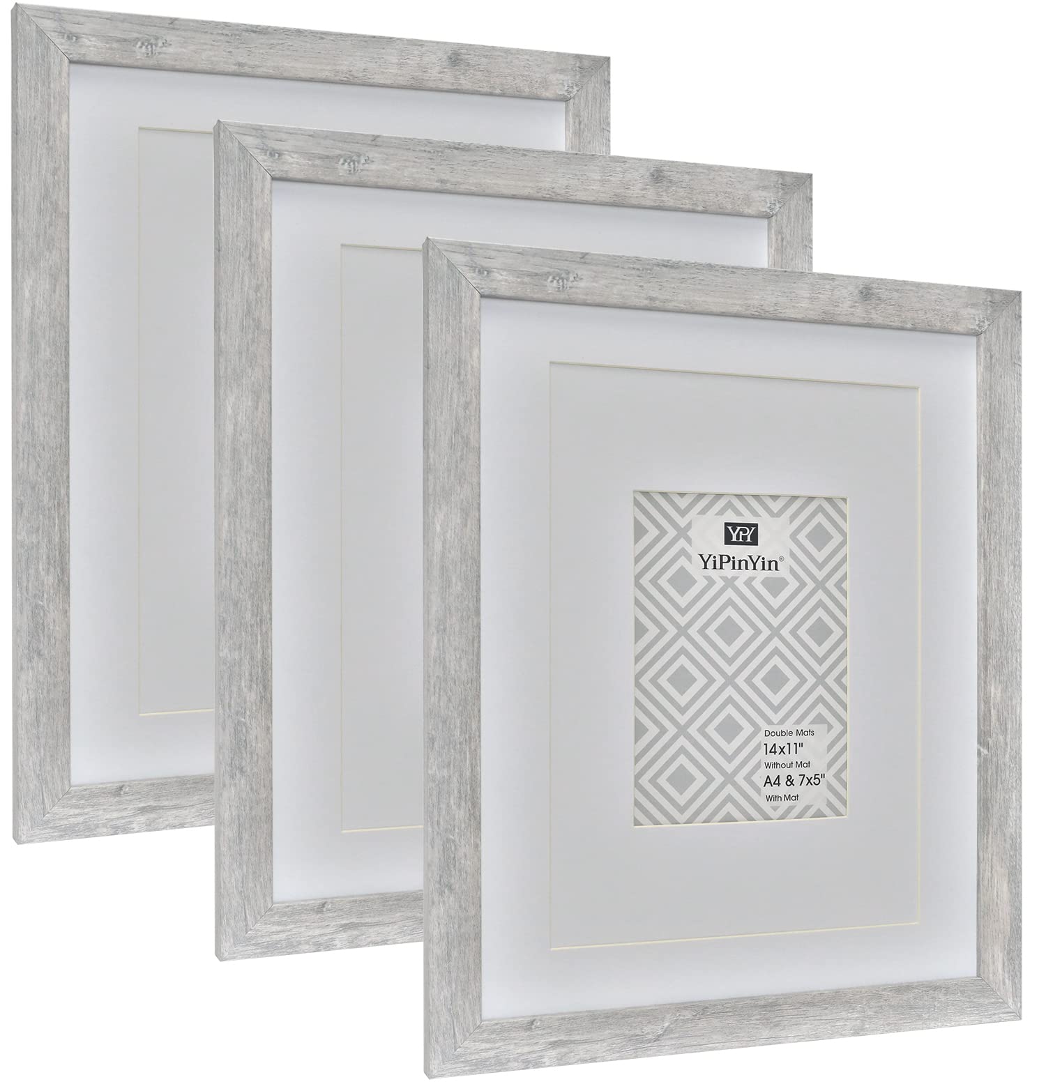 11x14 Inch Smoke Grey Wood Photo Frame set of 3,with double mounts for A4 or 5x7 photo,14x11 Inch Picture frames 3 Pack With Perspex Front for Wall Display