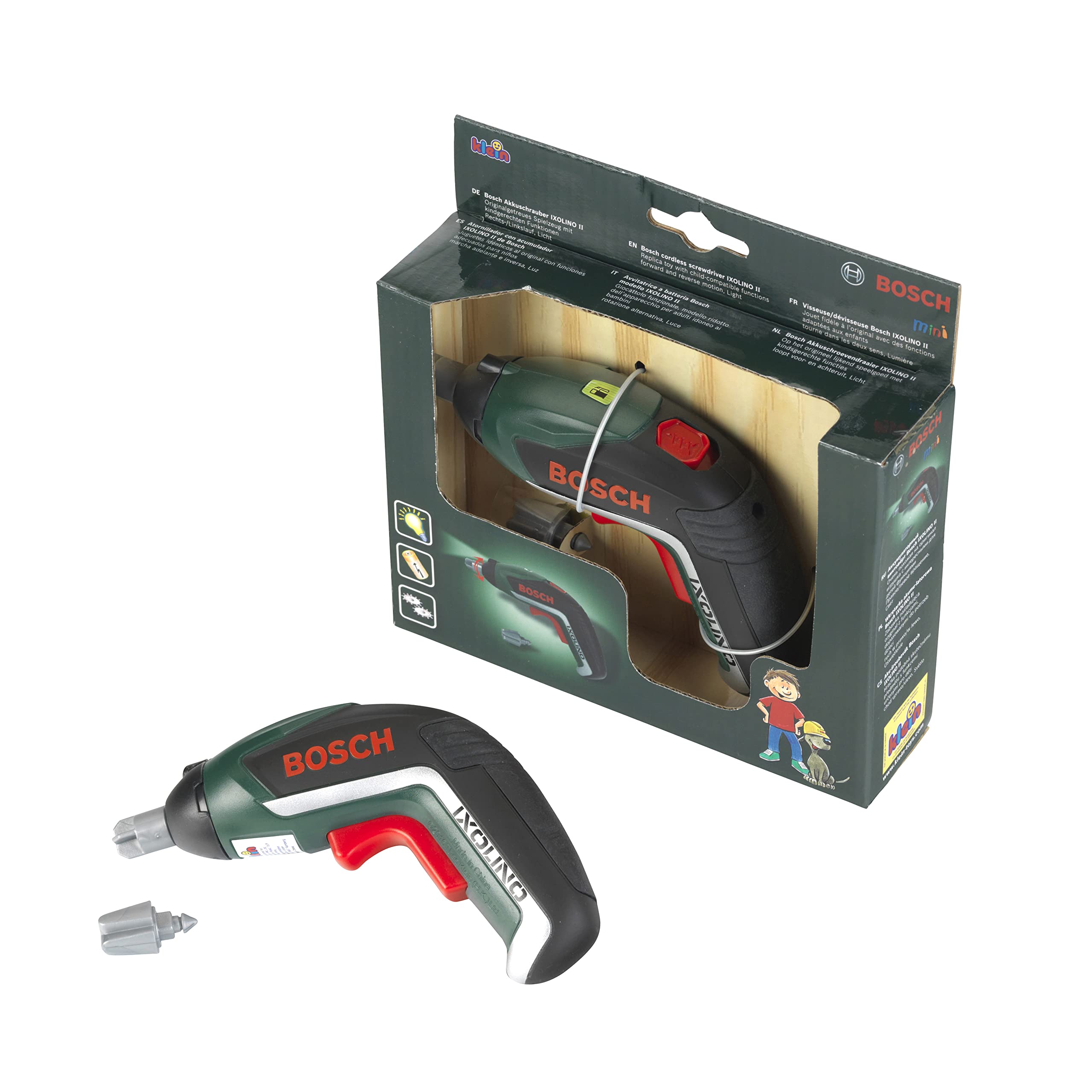 Theo Klein 8300 Bosch Akkuschrauber Ixolino | Batteriebetriebener Akkuschrauber mit Licht und Sound | Auswechselbare Aufsätze | Maße: 12,5 cm x 4 cm 9 cm | Spielzeug für Kinder ab 3 Jahren 5