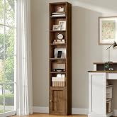 RALGEND 7-Tier Tall Narrow Bookshelf with Door, DVD Media Tower Rack | Bookcase with Storage Cabinet, Adjustable Shelves, Skinny Bookshelf Display Bookcase for Home Office, Walnut