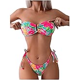 WDIRARA Women's Floral Print Bandeau Tie Side Bikini Set Strapless Swimsuit Two Piece Bathing Suit