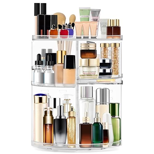 OBSGUMU Makeup Organiser Rotating, Acrylic Make Up Organiser, 360° Skincare Organiser Rotating for Perfume Cosmetic, Adjustable Large Capacity Spinning Makeup Organiser for Women, Girls (Transparent)