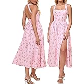 EYNMIN Floral Midi Dress Halter Neck Flowy A Line Split Lace Up Wedding Guest Dresses Casual Sundress for Women 2025