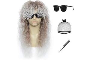 Auguyist Men and Women Long Curly Brown Gradient White Wig 70s 80s Rocker Mullet Party Funny Wig Costume Wig (Gradient White)