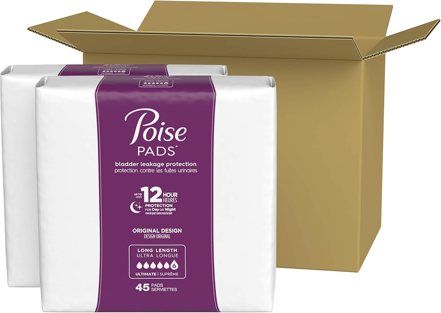 Poise Incontinence Pads, Original Design, Ultimate Absorbency, Long, 90 Count (2 Packs of 45): Health & Personal Care