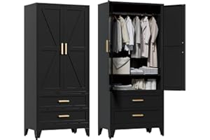 Washsemba 71'' Farmhouse Metal Wardrobe Cabinet with Hanging Rod, 2 Barn Door Wardrobe Closet with Adjustable Shelves,2 Drawer,for Dining Room,Bedroom,Living Room, Cloak Room,Office (Black)