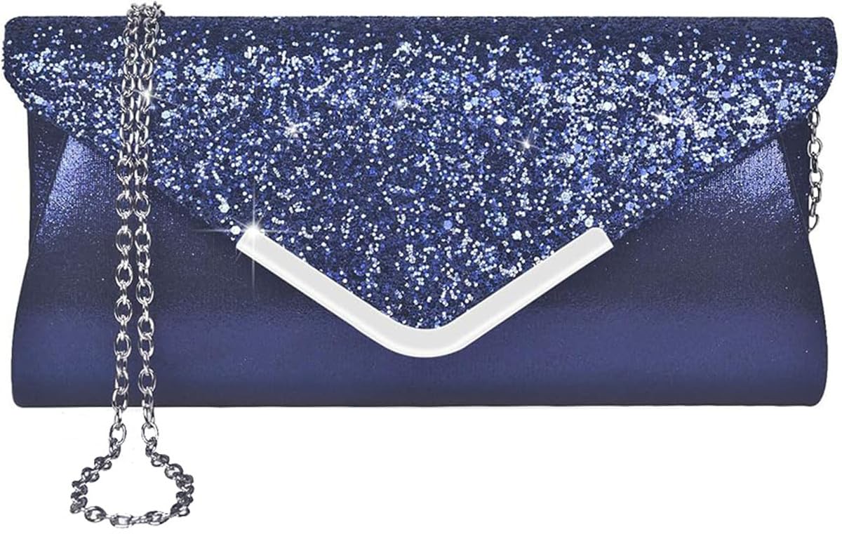 Fioeyr Women Glitter Envelope Clutch Bag Elegant Sequins Evening Clutch Purse Chain Shoulder Bags Sparkly Silver Evening Bridal Prom Party Handbag Purse