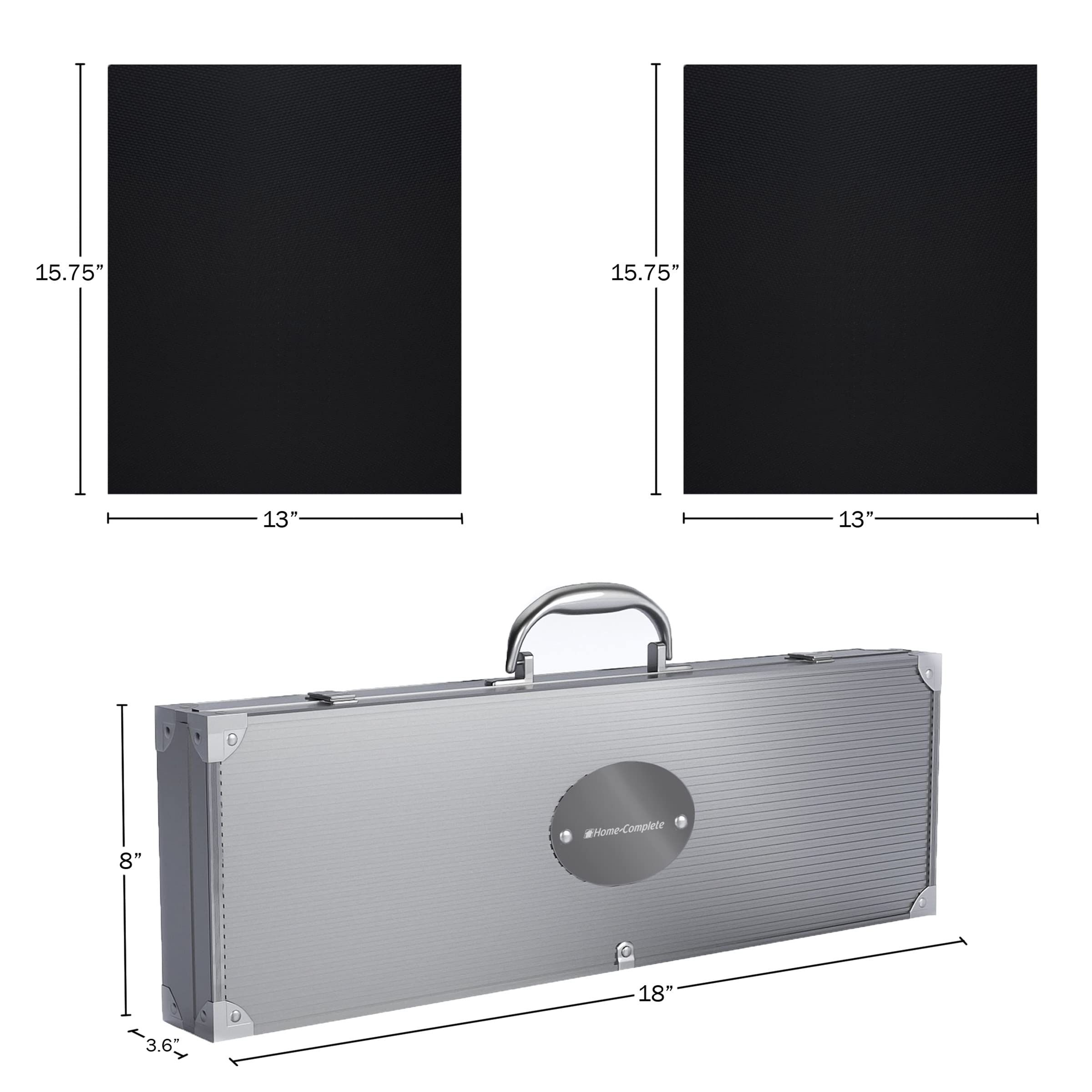 Home-Complete 18-piece BBQ Grill Set, 16-pc Stainless Steel Barbecue Tools Kit with Aluminum Case and 2-pack BBQ Grill Mats