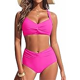 Hanna Nikole Women's High Waisted Bikini Sets, Tummy Control 2 Piece Swimsuits, Full Coverage Knot Front Bathing Suit