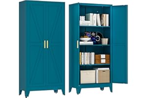 Washsemba 61" Tall Farmhouse Metal Pantry Cabinet, Kitchen Pantry Storage Cabinets with 2 Barn Door and Adjustable Shelves,for Kitchen,Laundry Room,Home Office,Kids Room （Peacock Blue