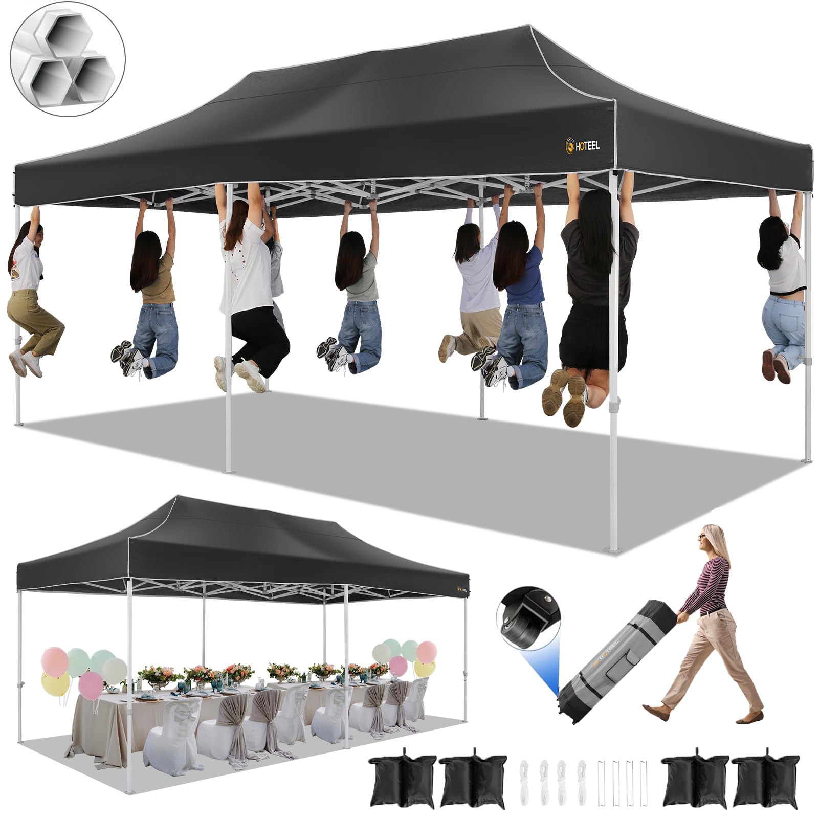 Photo 1 of HOTEEL 10x20 Pop up Canopy Tent for Parties, Heavy Duty Easy Setup Tent Without Sidewalls, Outdoor Commercial Instant Gazebo for Wedding Event, with Roller Bag & Sand Bags, Black(Hexagonal Frame)