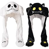 YC JILAI 2 Pack Ear Moving Jumping Hat Funny Plush Bat Ghost Cosplay Costume Accessories Earflaps Movable Ears Hat for Christmas Halloween Party Unisex(2 Style White Black)