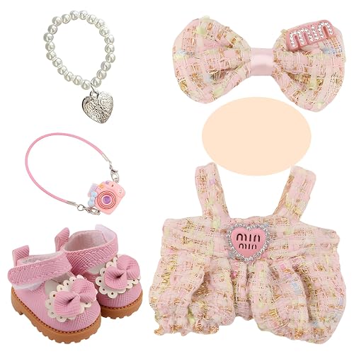 Doll Clothes, Doll Accessories, 5 Pcs Fashion Set for Dolls, Includes Bow, Overalls, Necklace, Camera and Shoes, Ideal for Dress Up Play and Collecting(NO Doll)