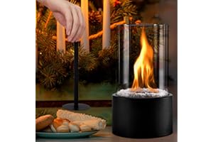 FLYISLAND Tabletop Fire Pit,Indoor Outdoor Table Top Firepit with Rocks - Small Round Patio Fireplace Bowl-Portable Fire Pit Home Decor - Long Lasting Flame (Black)