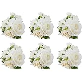 Meldel Pocket Boutonniere for Men, Set of 6, Groom Groomsman Boutonnieres for Wedding Prom Suit Accessories, Artificial White Rose Corsage for Party Ceremony Anniversary Graduation Flowers