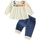 VISGOGO Baby Girl Outfit Crocheted Floral Top Linen 12 18 24M 2T 3T 4T Todder Clothes Tops + Denim Pants Set