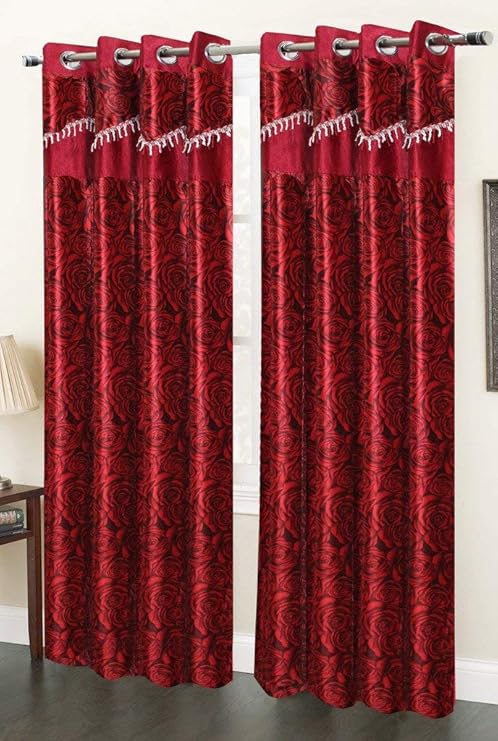 Homefab India Set Of 2 Designer Rose Red Door Curtain 7 Ft