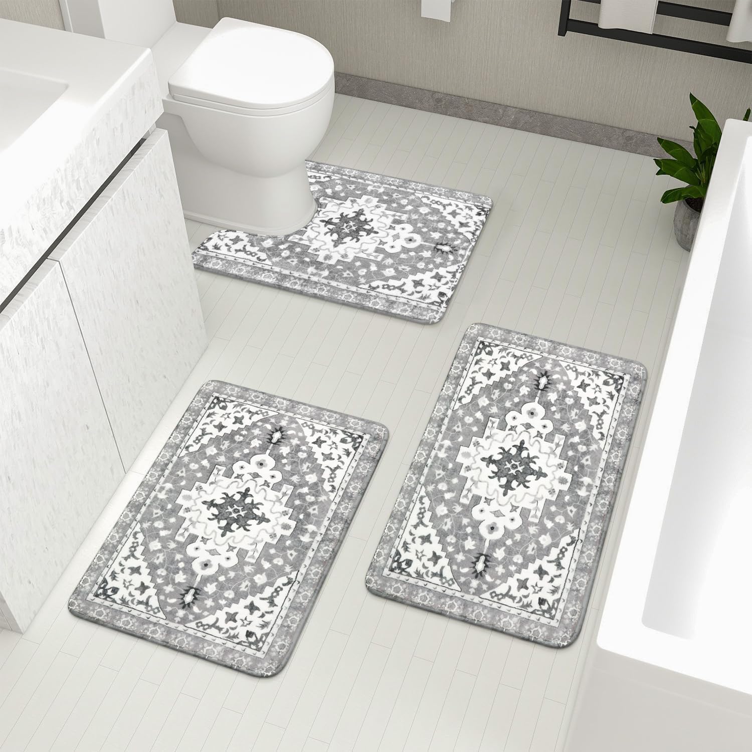 Photo 1 of Uphome Boho Vintage Bathroom Rugs Sets 3 Piece Gray Non-Slip Soft Bath Mats with U-Shaped Contour Toilet Mat Machine Washable Oriental Aesthetic Bath Rugs Tribal Floral Floor Mats for Sink Tub Shower