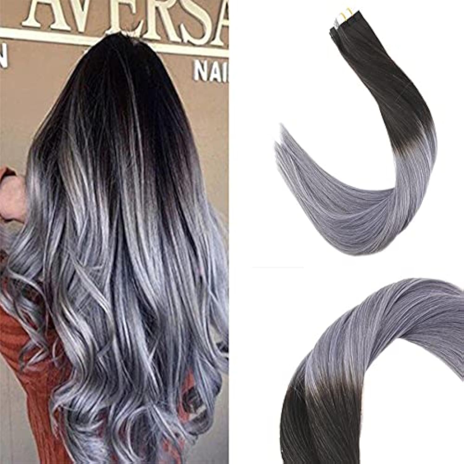 Photo 1 of Seamless Tape in Human Hair Extensions Invisible Skin Wefts Brazilian Remy Human Hair Balayage Ombre Colors 16-24inch20pieces (Ombre Black to Gray, 16inch30gram)