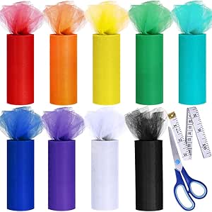 Supla 9 Colors Rainbow Tulle Rolls Tulle Netting Rolls Tulle Fabric Spool Ribbon 6" Wide 25 Yards/Spool and Sewing Scissors Body Measuring Ruler for Table Skirt Rainbow Party Tulle Skirt Dress